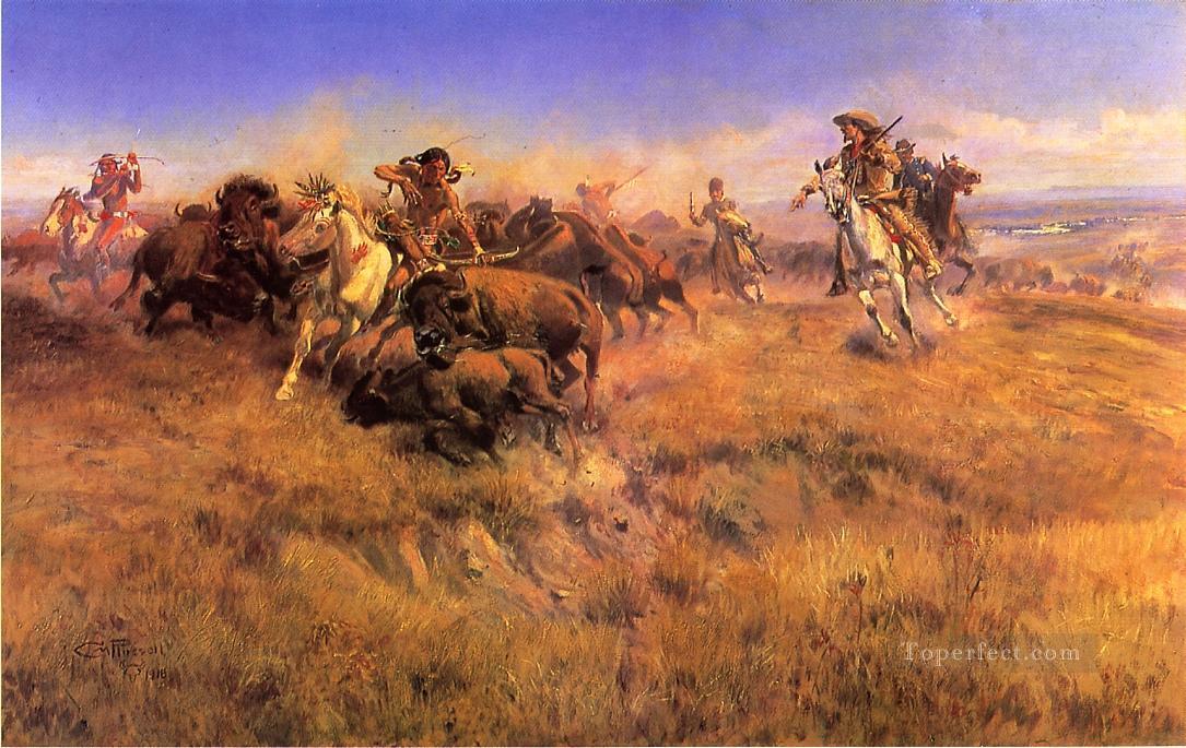 Running Buffalo cowboy Indians Charles Marion Russell Indiana Oil Paintings